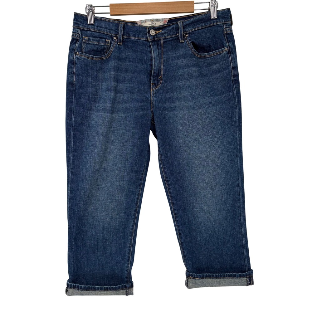 Levis Womens Blue Medium Wash Button Flap Pocket Cropped Capri Jeans Size 12